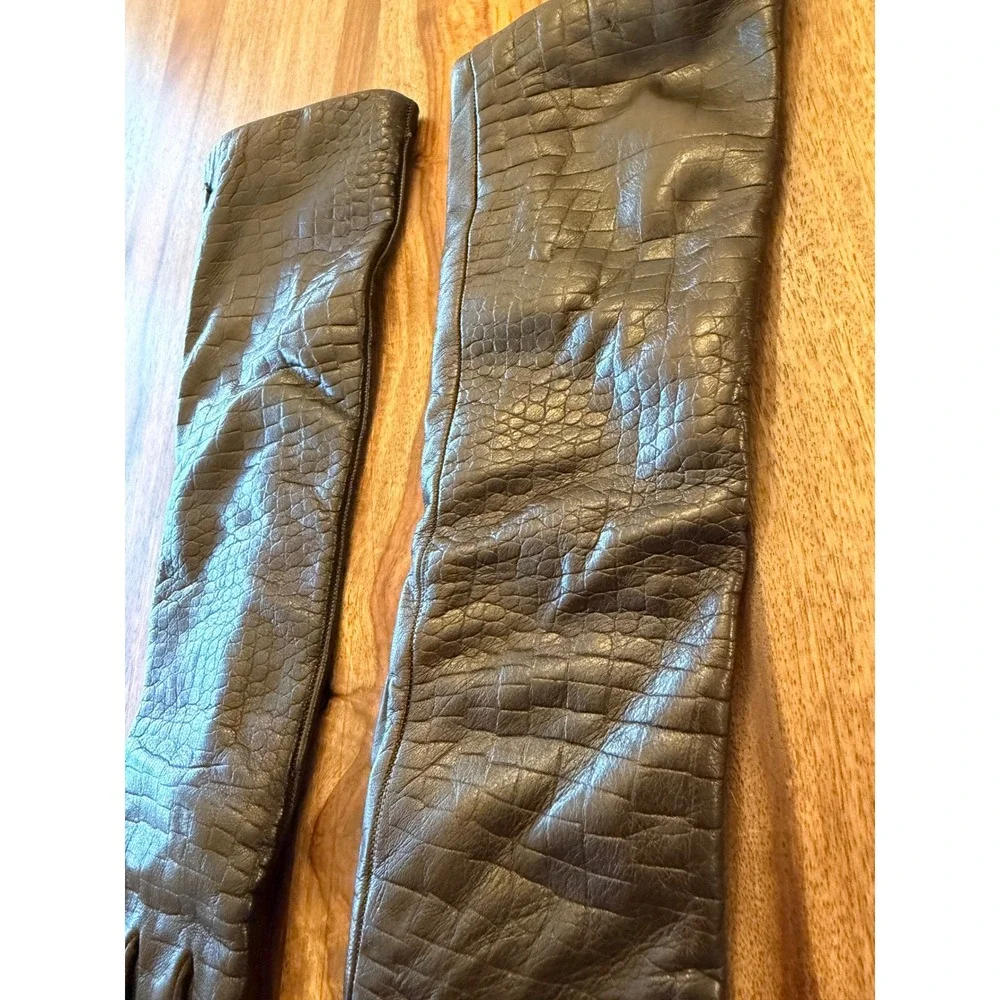 Parisi Italy Long Leather Gloves Size 7 Brown Croc Embossed 100% Wool Lined